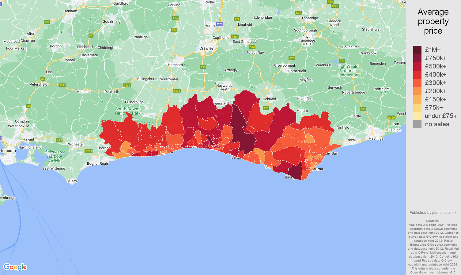 Brighton property prices by postcode sector