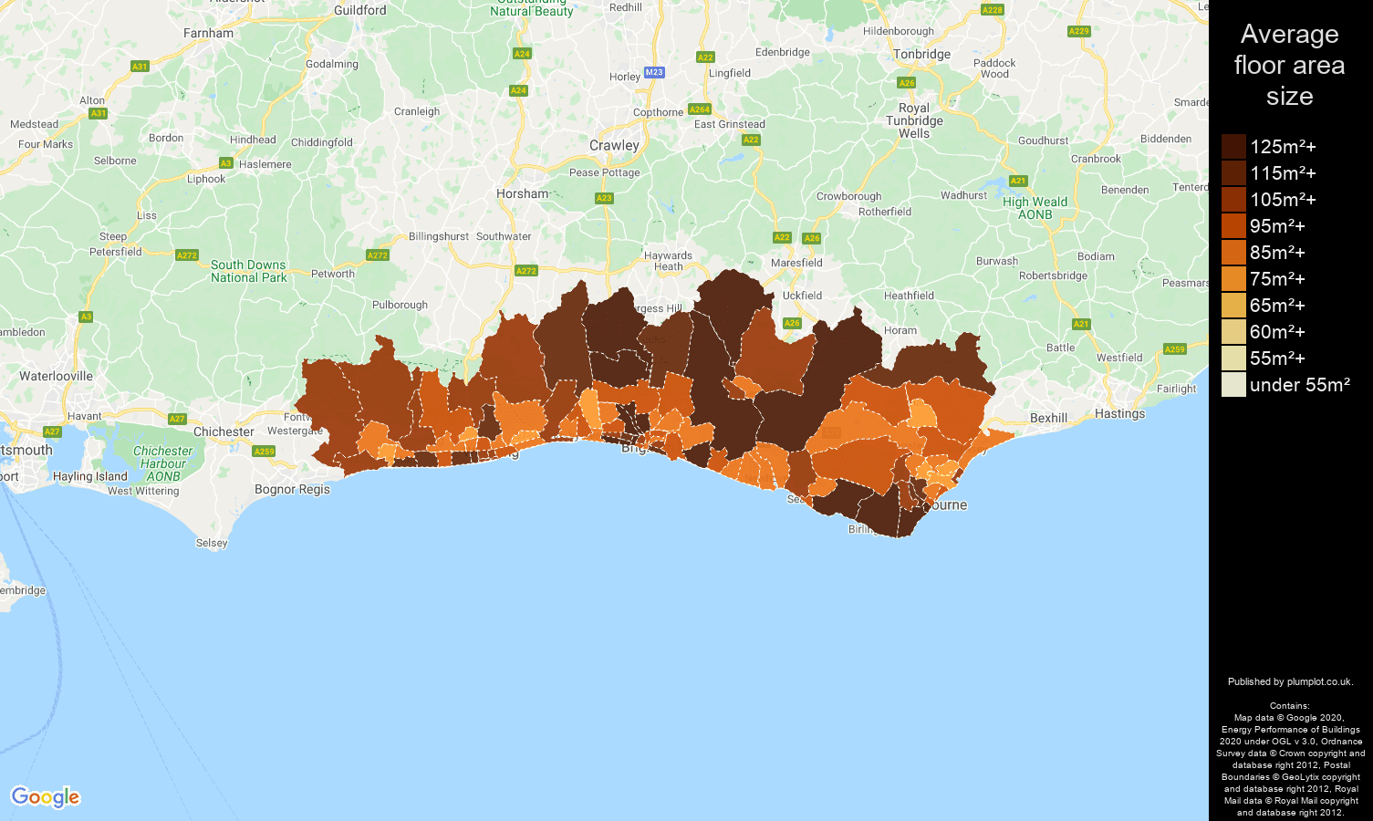 Brighton map of average floor area size of houses