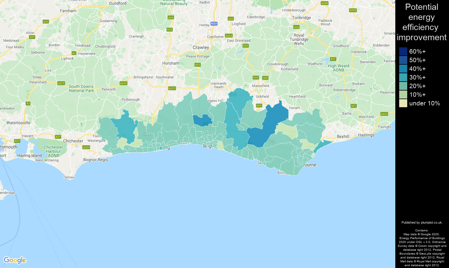 Brighton map of potential energy efficiency improvement of houses