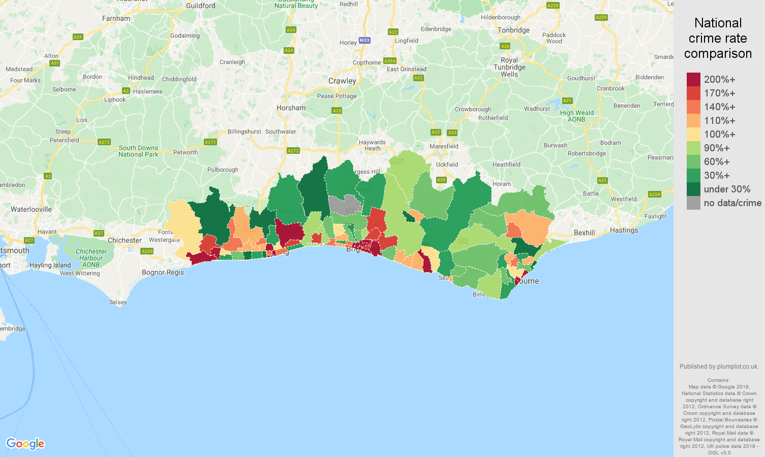 Brighton possession of weapons crime rate comparison map