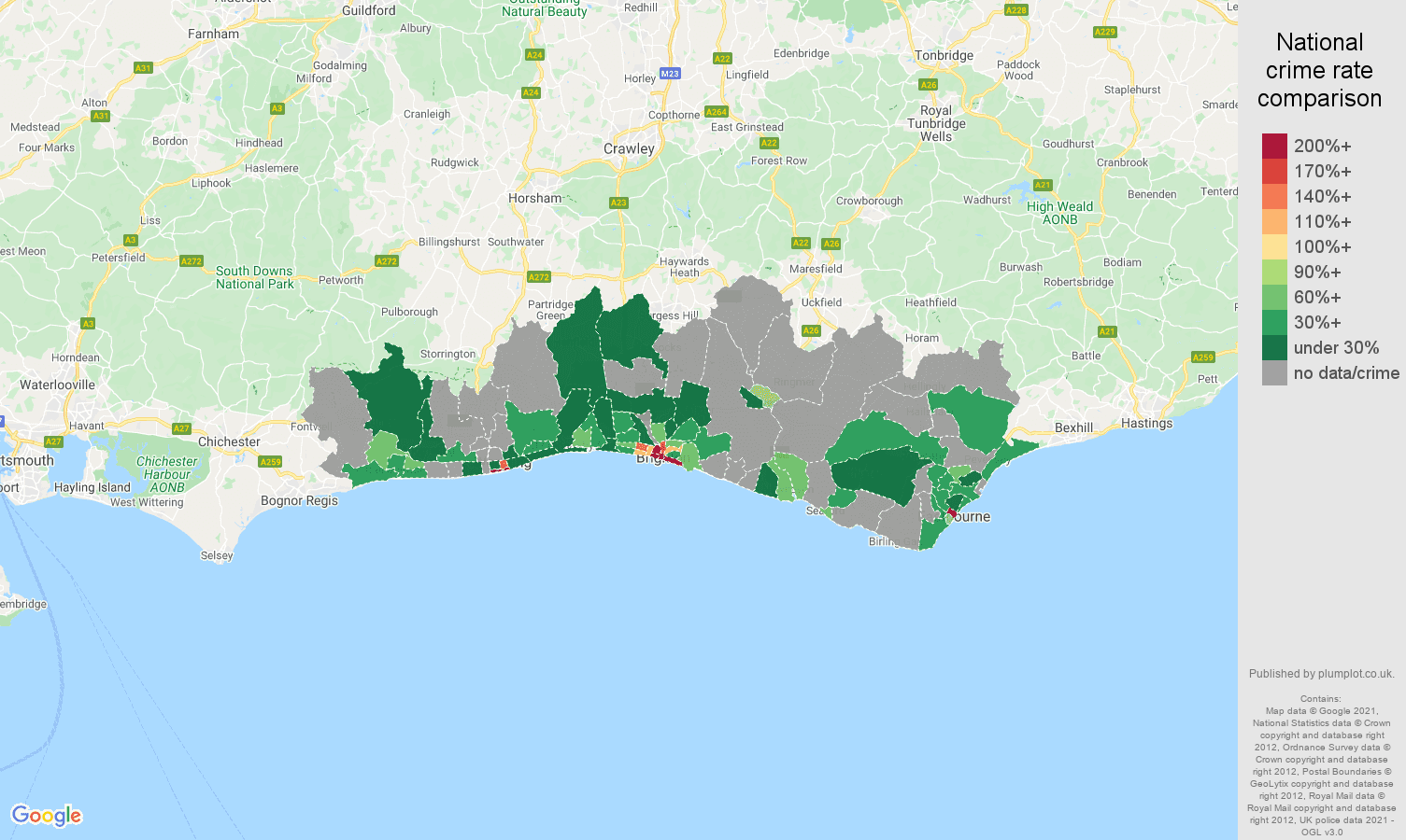 Brighton theft from the person crime rate comparison map