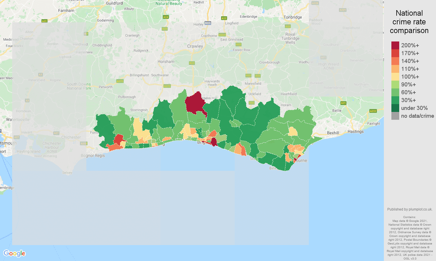 Brighton violent crime rate comparison map