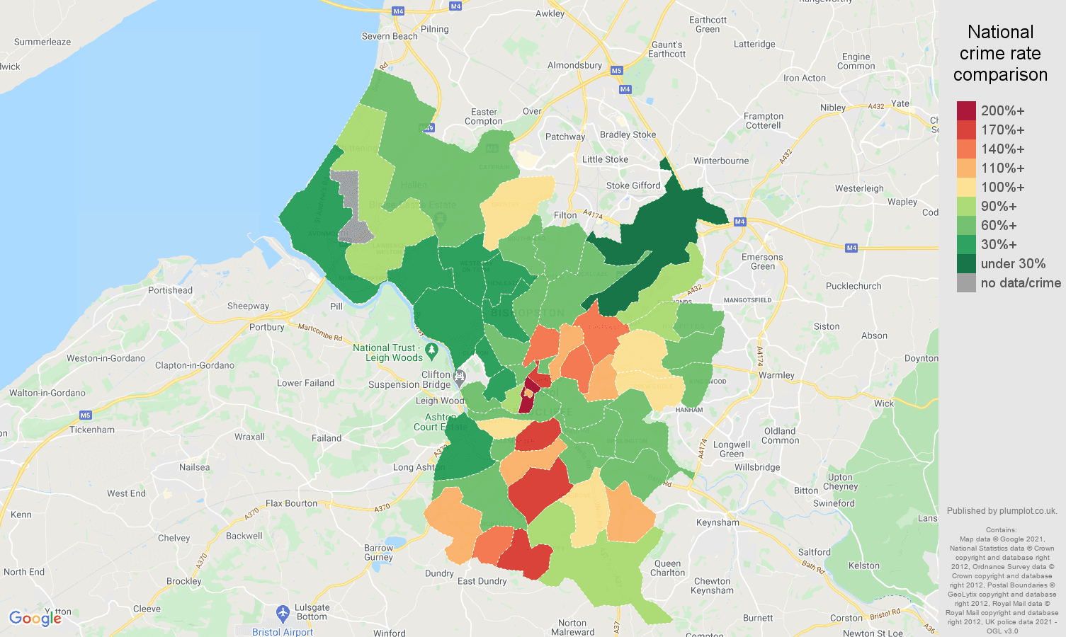 Bristol county antisocial behaviour crime rate comparison map