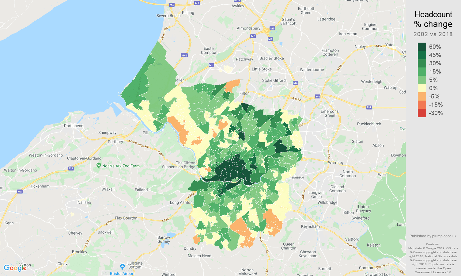 Bristol county headcount change map