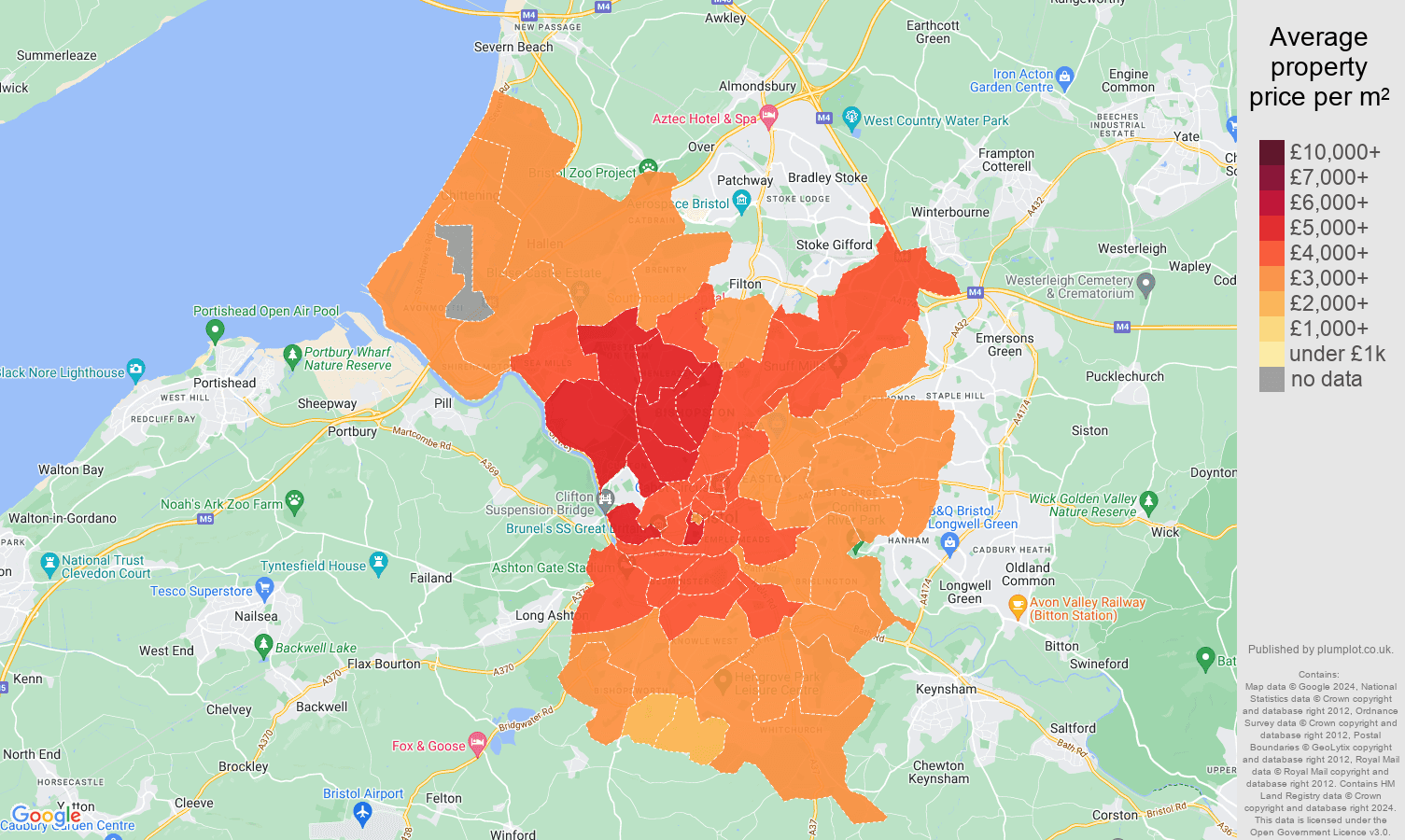 Bristol county house prices per square metre map