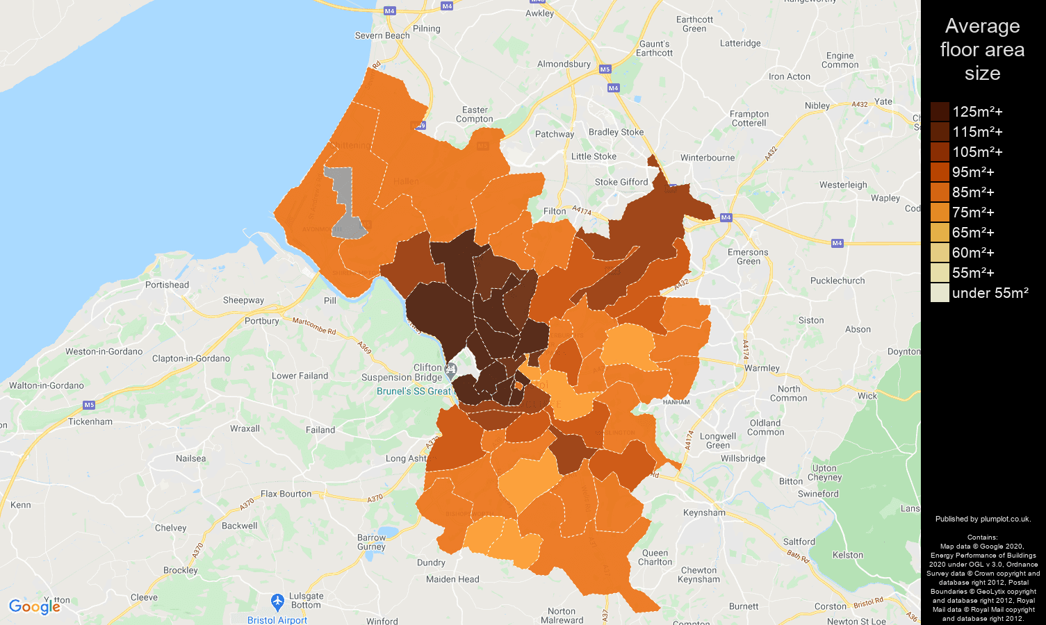 Bristol county map of average floor area size of houses