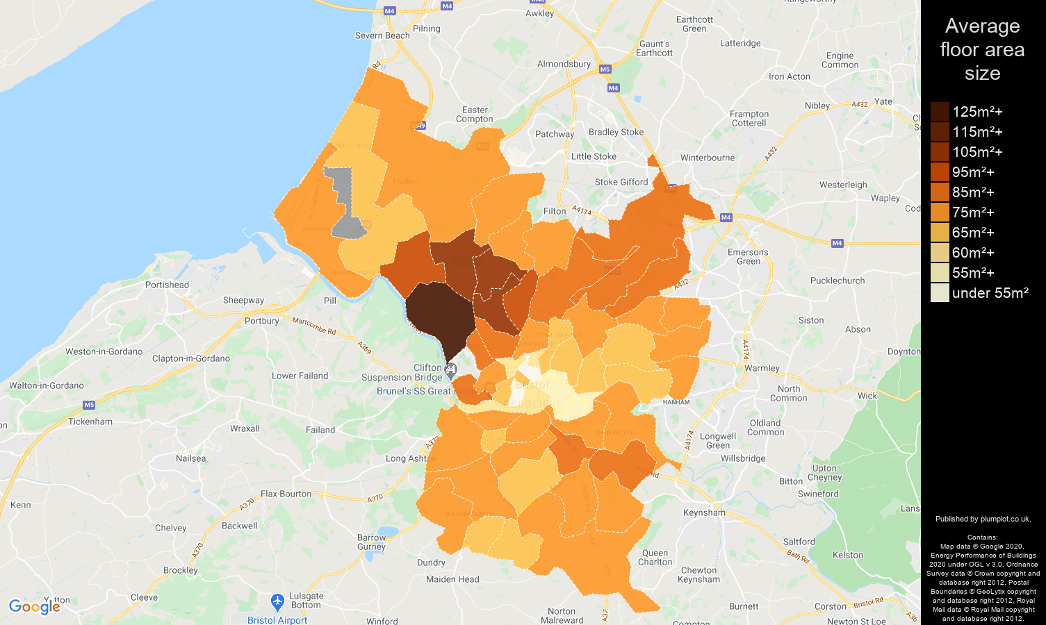 Bristol county map of average floor area size of properties