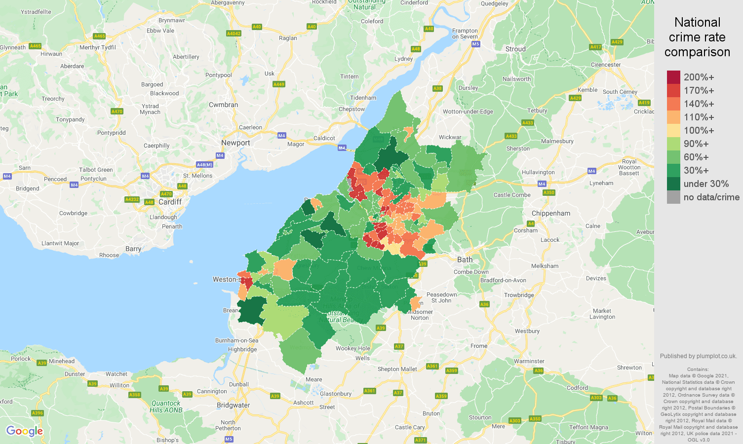 Bristol criminal damage and arson crime rate comparison map