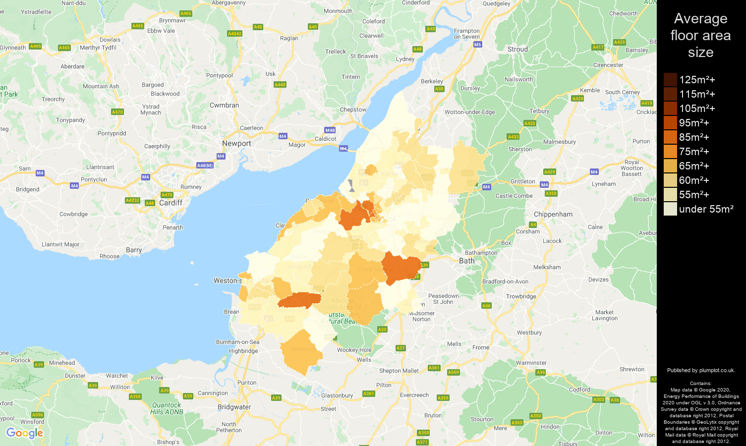 Bristol map of average floor area size of flats