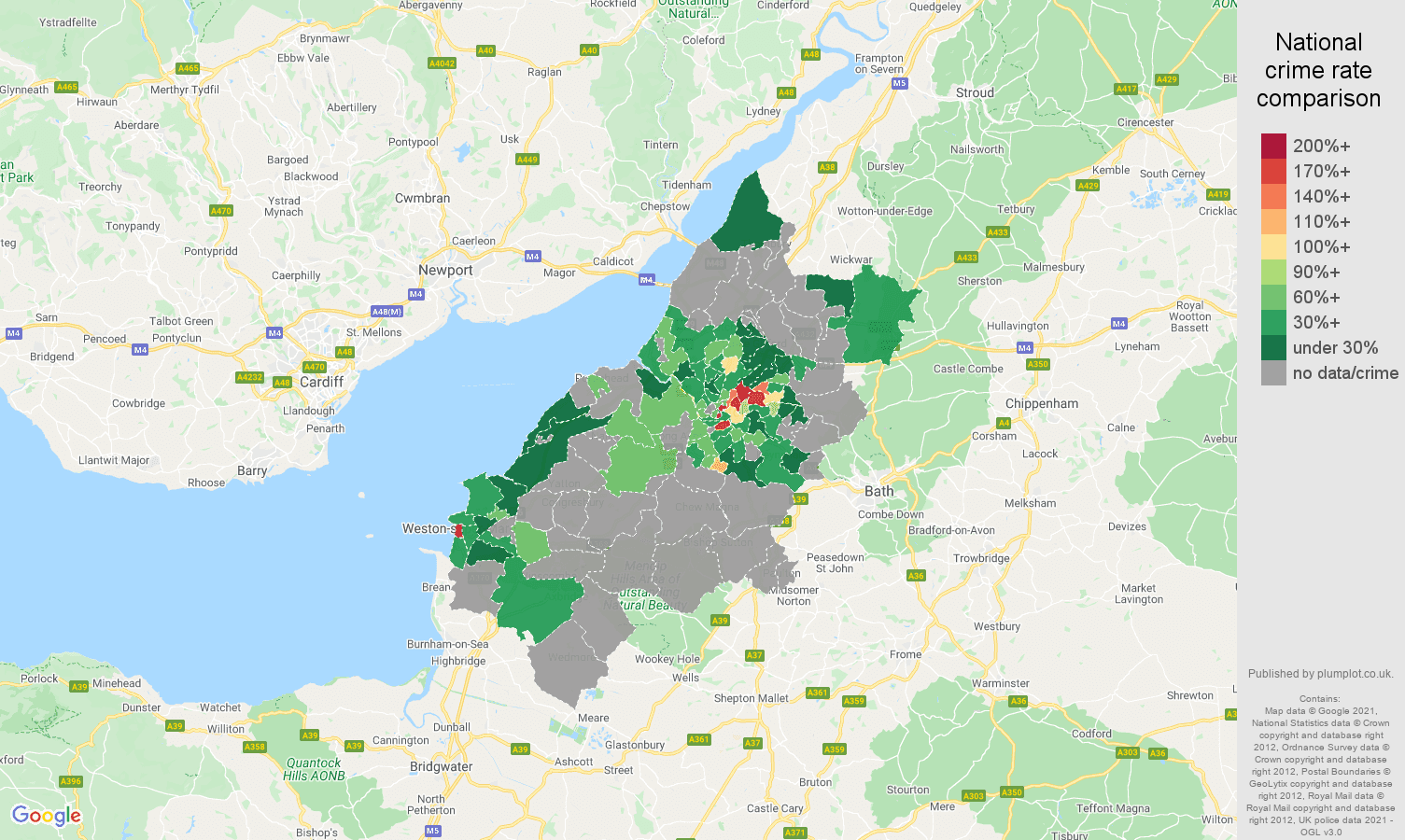 Bristol theft from the person crime rate comparison map