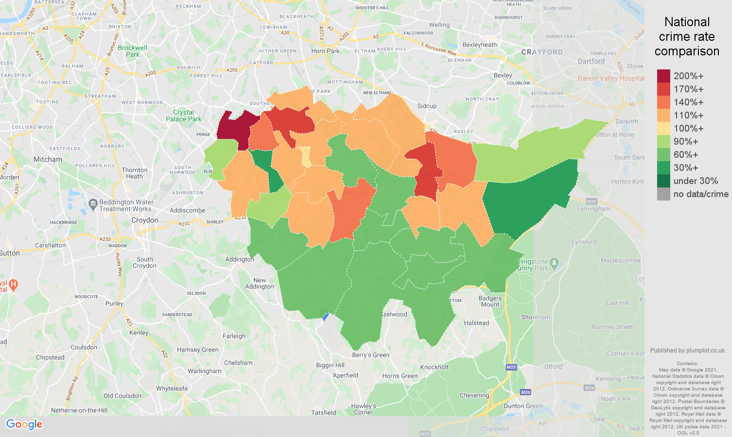 Bromley antisocial behaviour crime rate comparison map