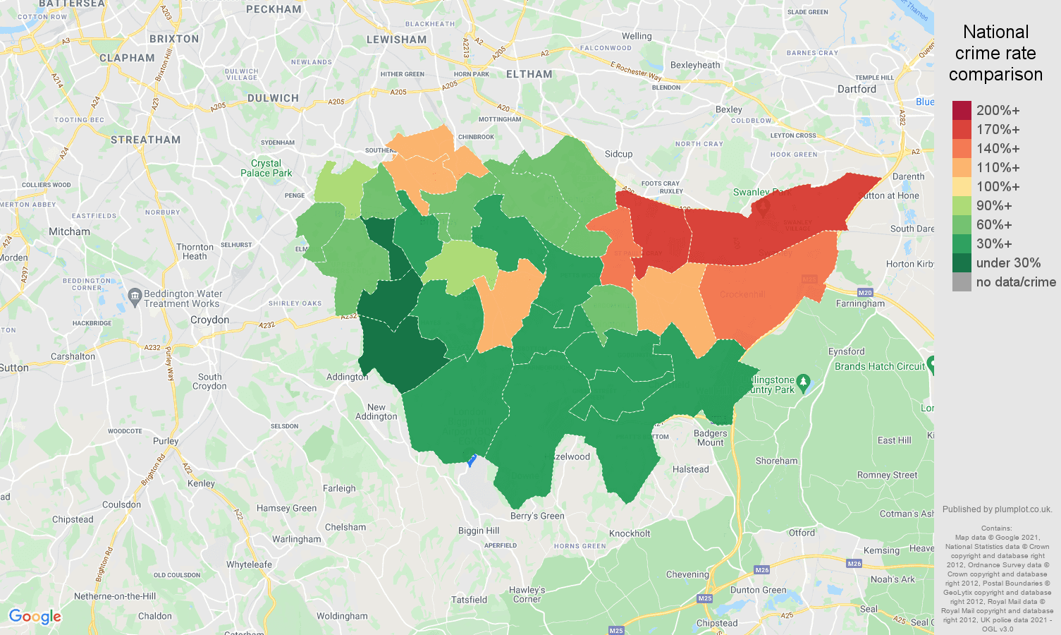 Bromley criminal damage and arson crime rate comparison map