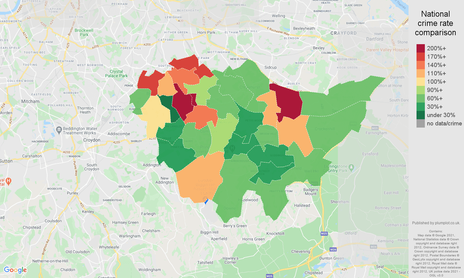 Bromley drugs crime rate comparison map