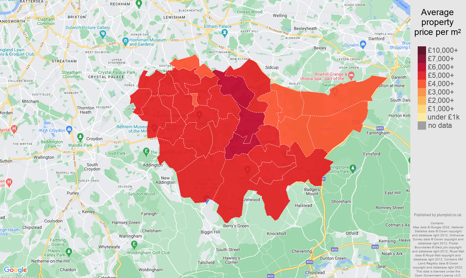 Bromley house prices per square metre map