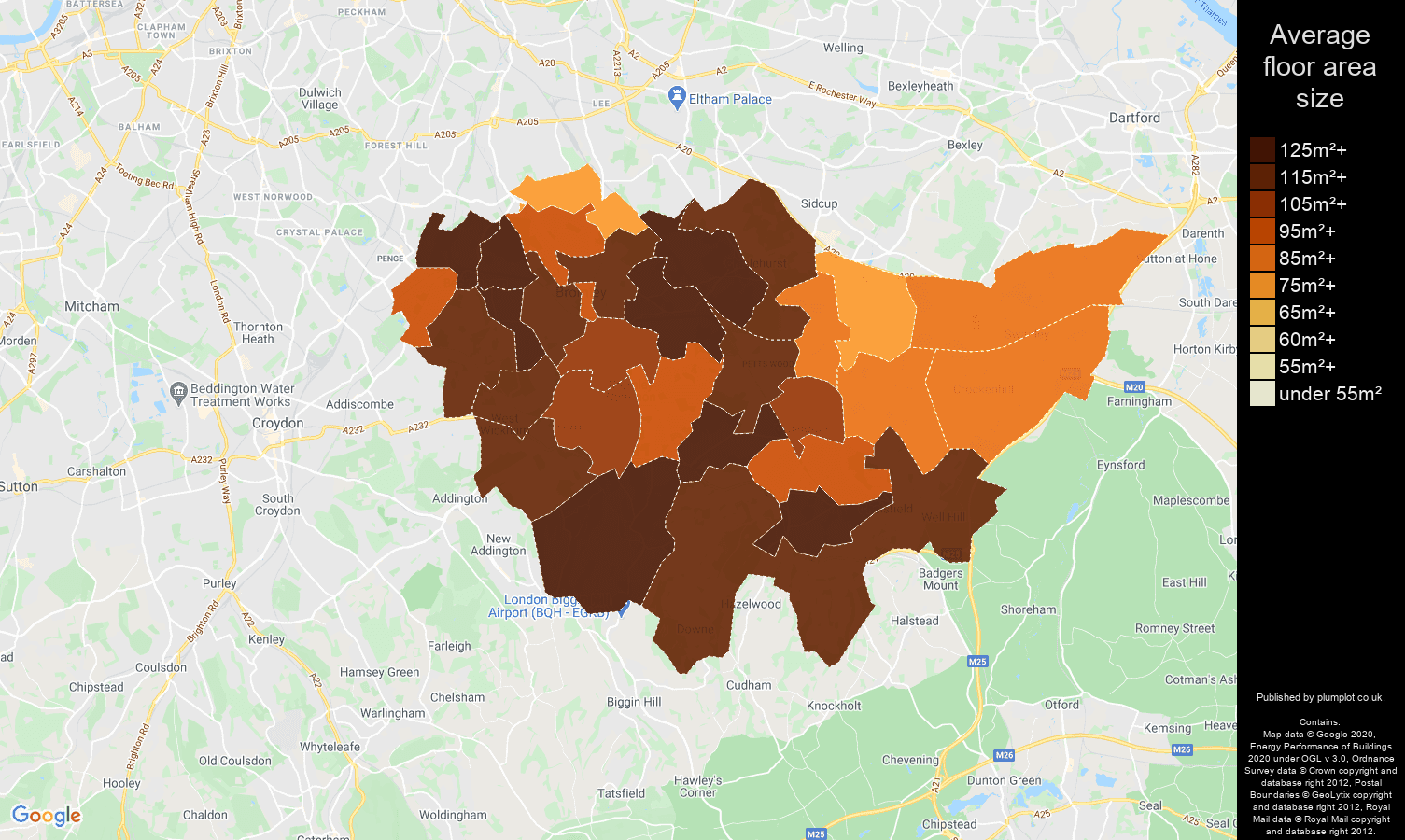 Bromley map of average floor area size of houses