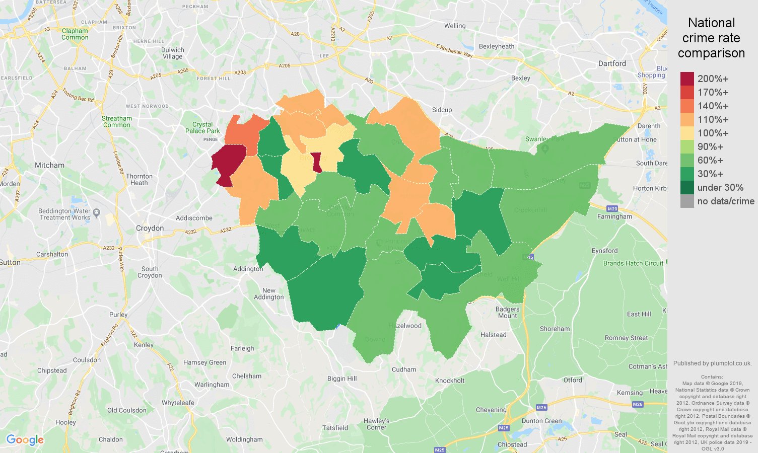 Bromley other theft crime rate comparison map