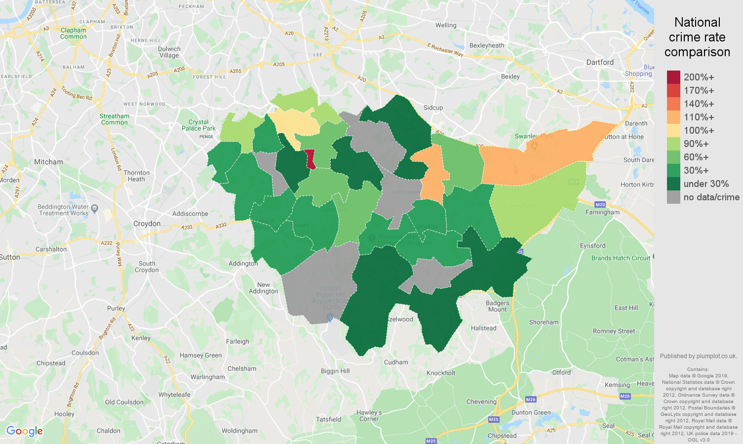 Bromley possession of weapons crime rate comparison map