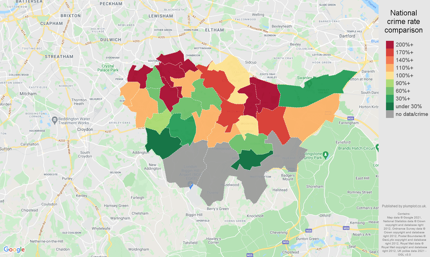 Bromley robbery crime rate comparison map