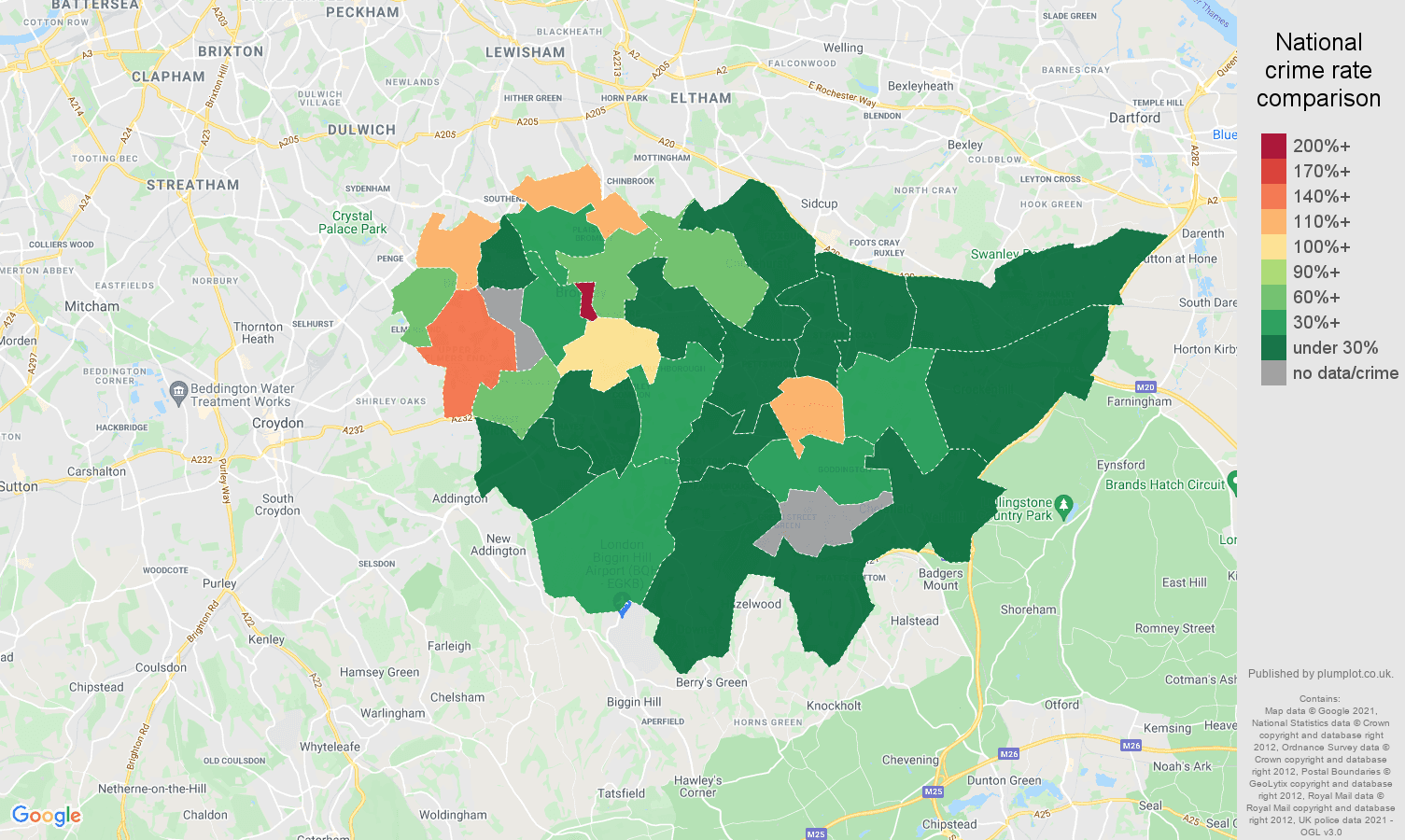 Bromley theft from the person crime rate comparison map