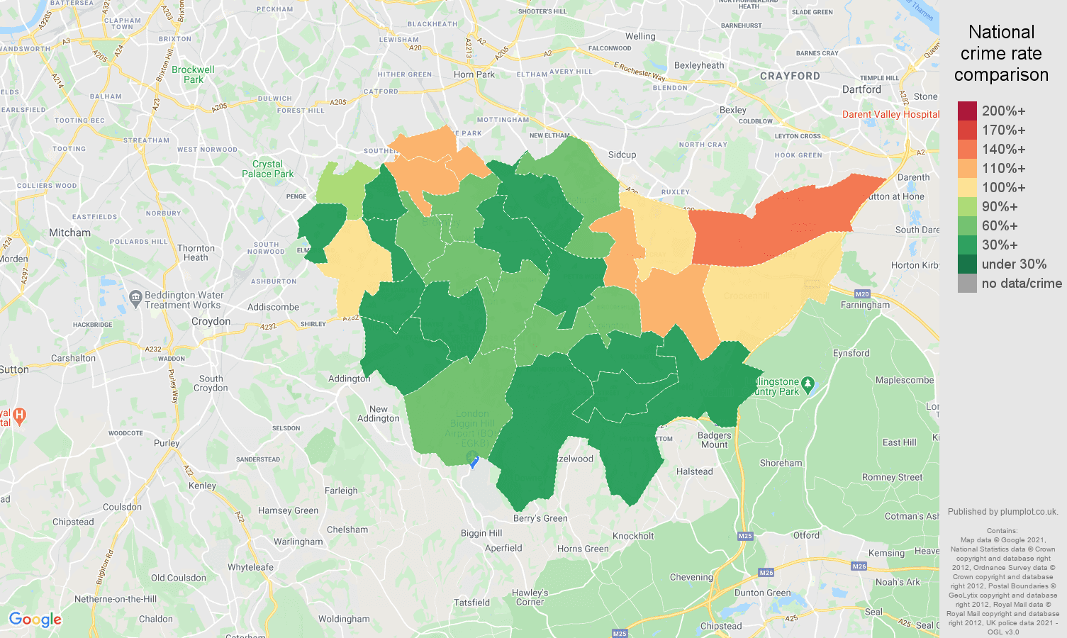 Bromley violent crime rate comparison map