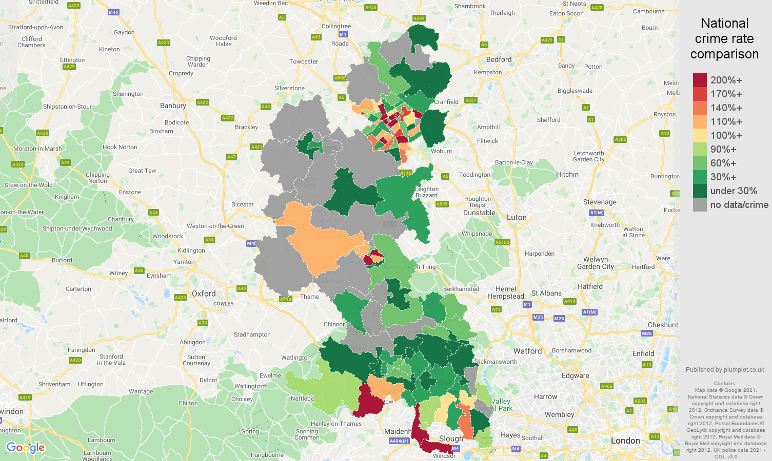 Buckinghamshire bicycle theft crime rate comparison map