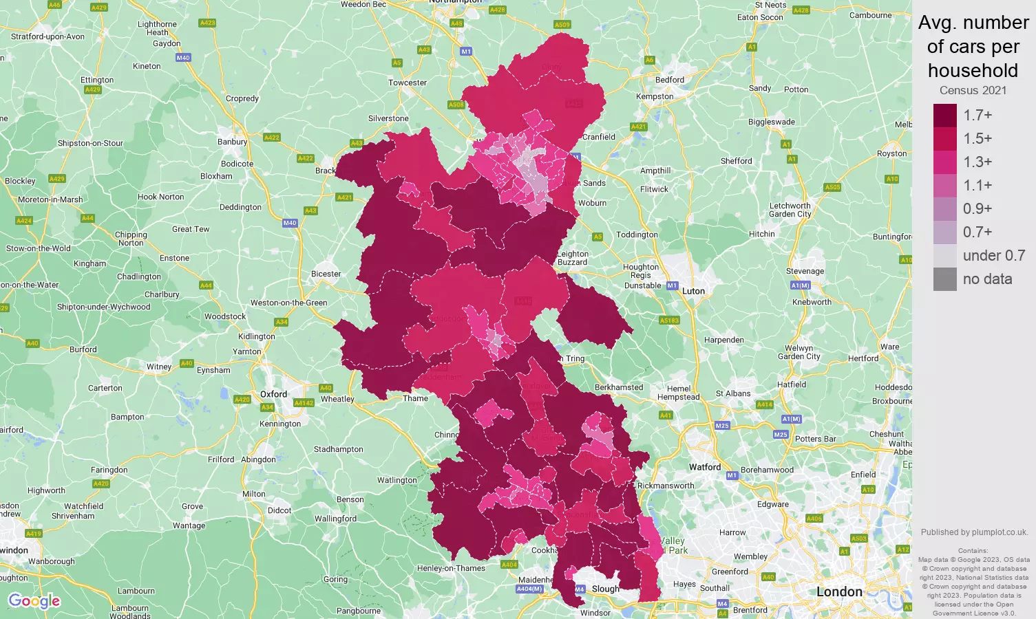 Buckinghamshire cars per household map