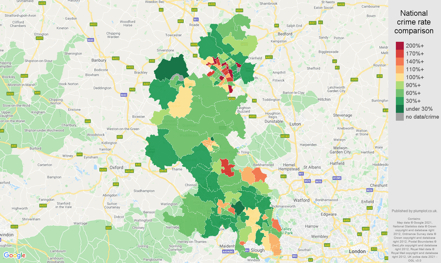 Buckinghamshire criminal damage and arson crime rate comparison map