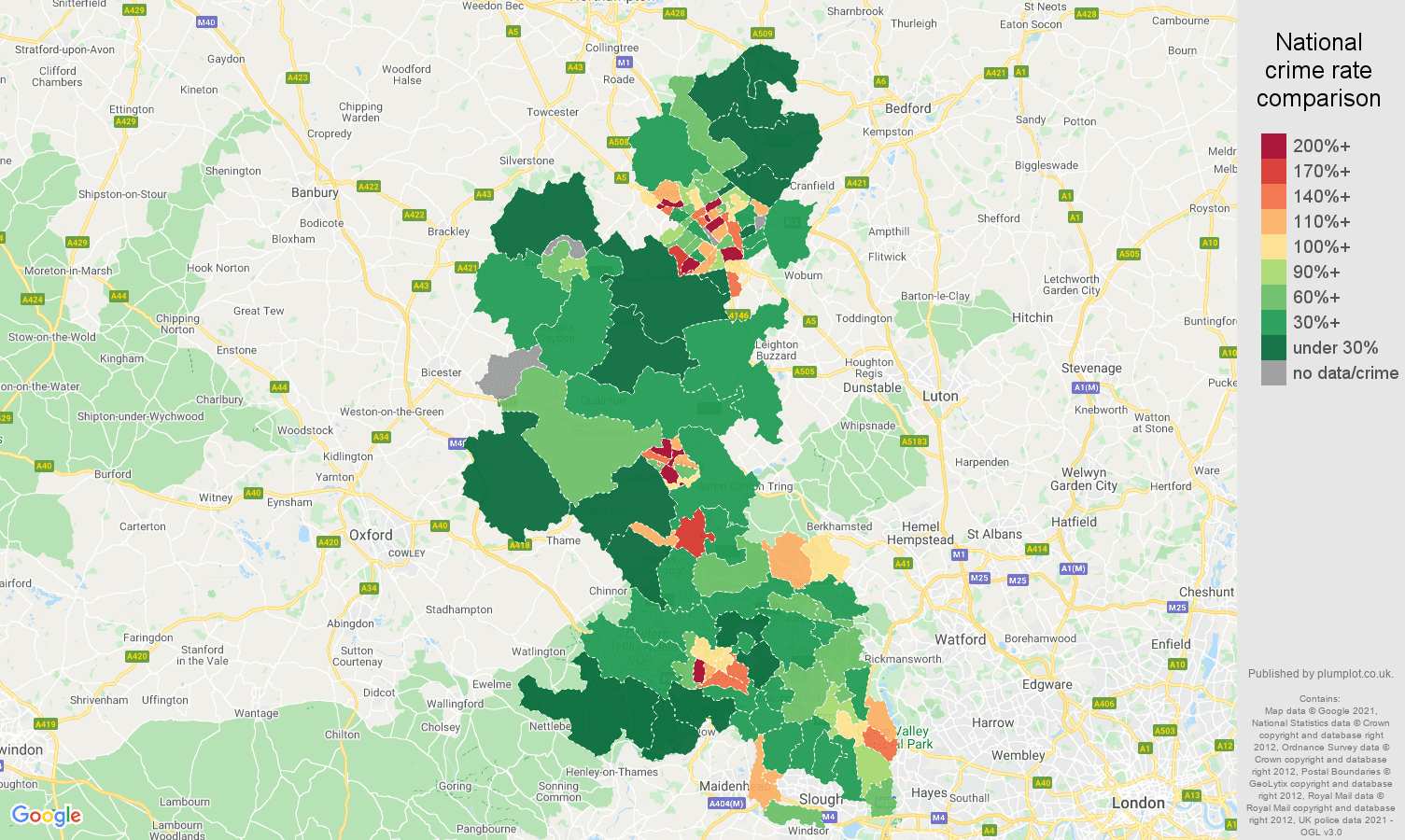Buckinghamshire drugs crime rate comparison map