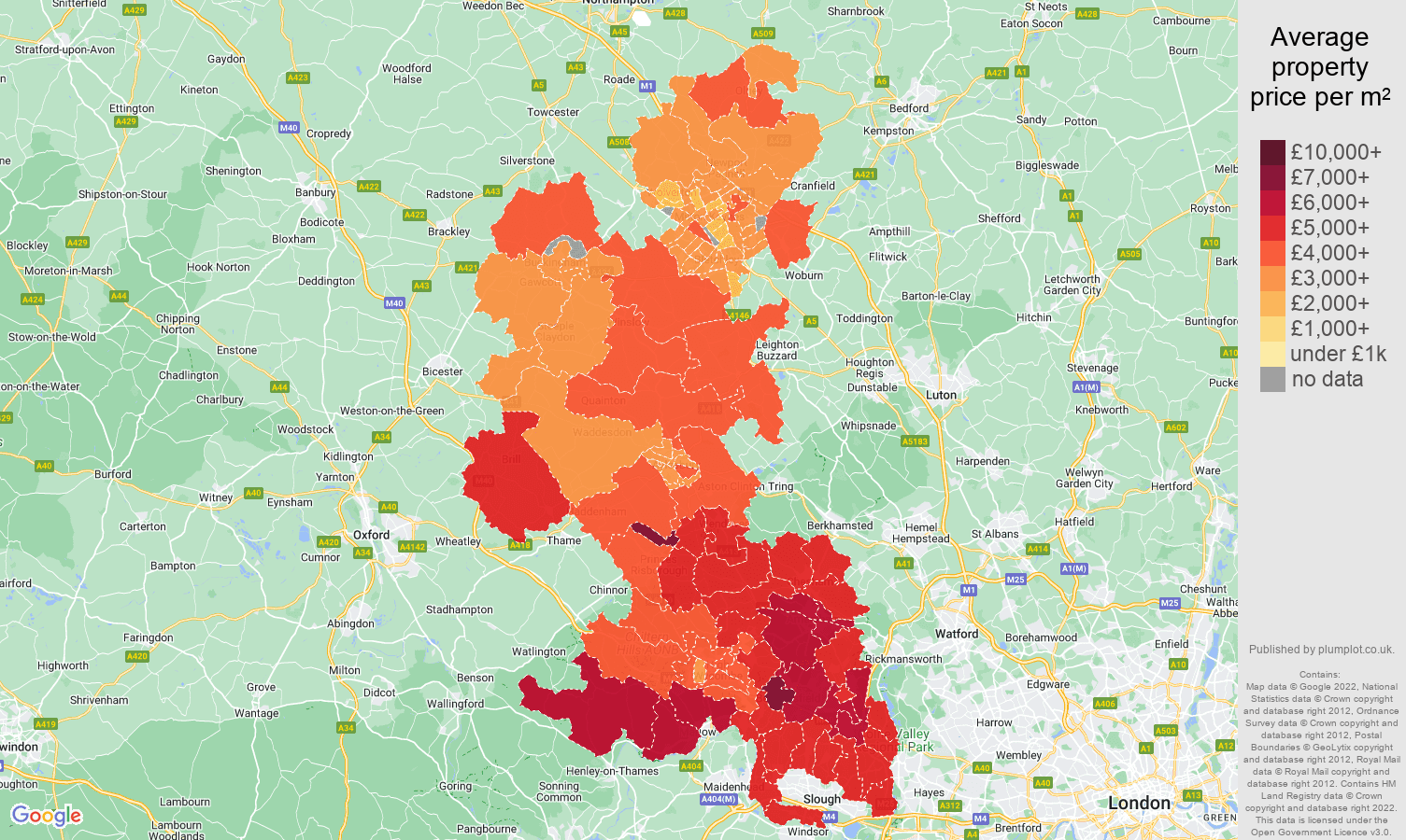 Buckinghamshire house prices per square metre map