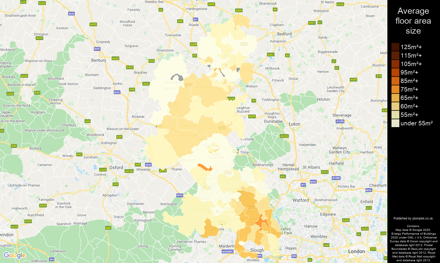 Buckinghamshire map of average floor area size of flats