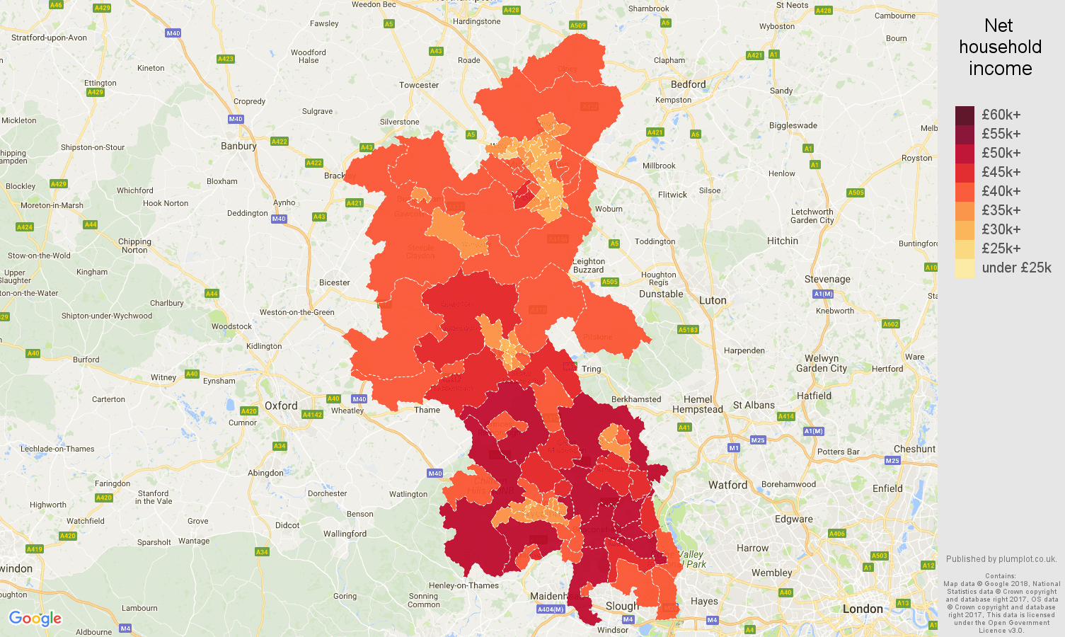 Buckinghamshire net household income map