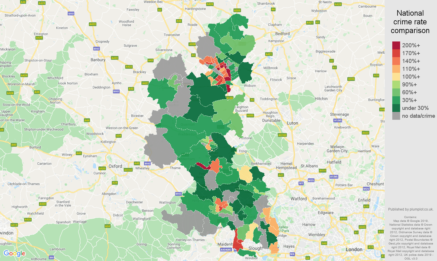 Buckinghamshire possession of weapons crime rate comparison map