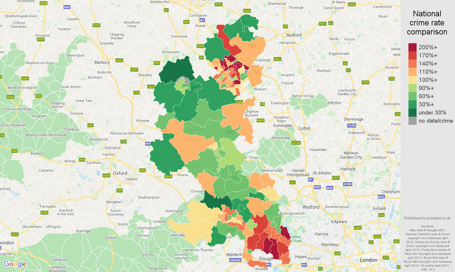 Buckinghamshire vehicle crime rate comparison map