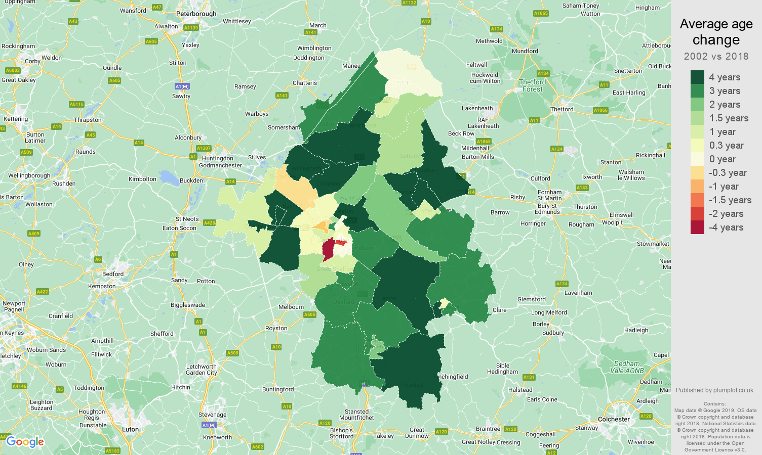 Cambridge average age change map