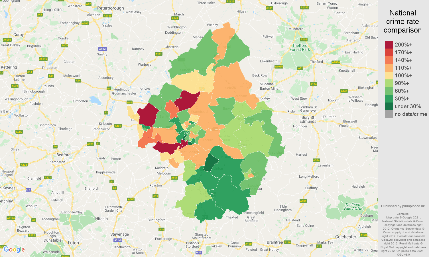 Cambridge burglary crime rate comparison map