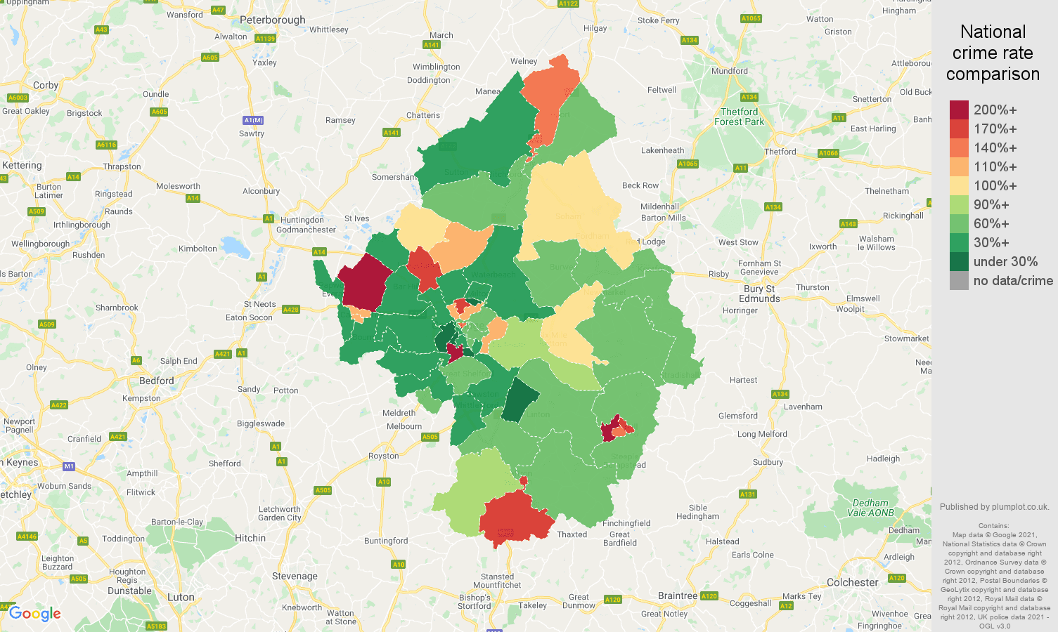 Cambridge criminal damage and arson crime rate comparison map