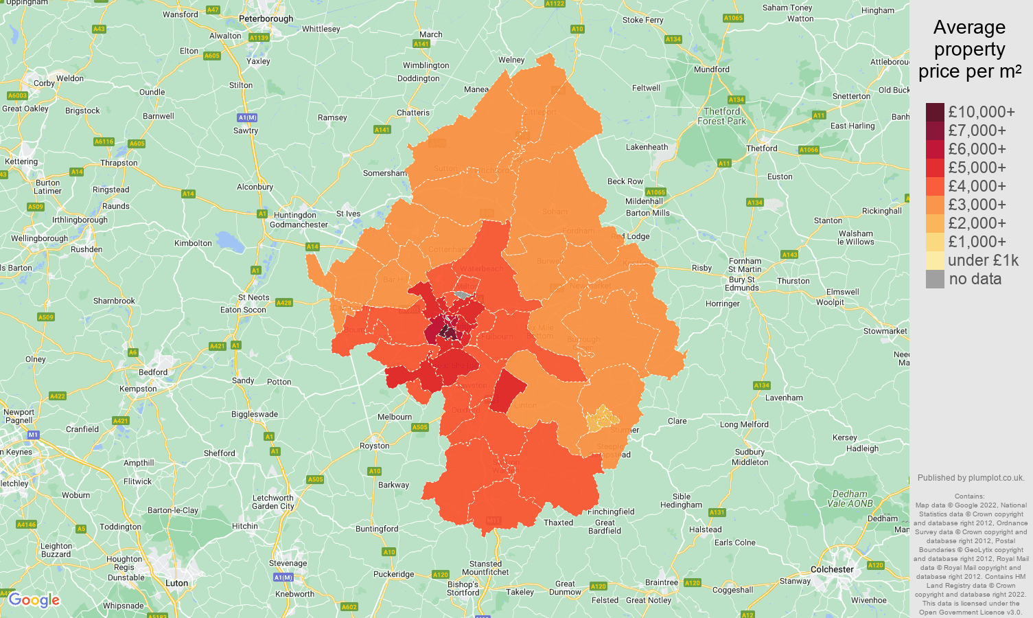 Cambridge house prices per square metre map