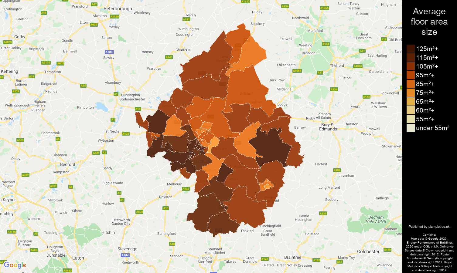 Cambridge map of average floor area size of houses