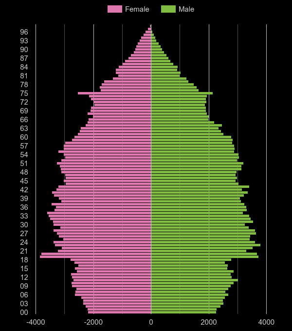 Cambridge population pyramid by year