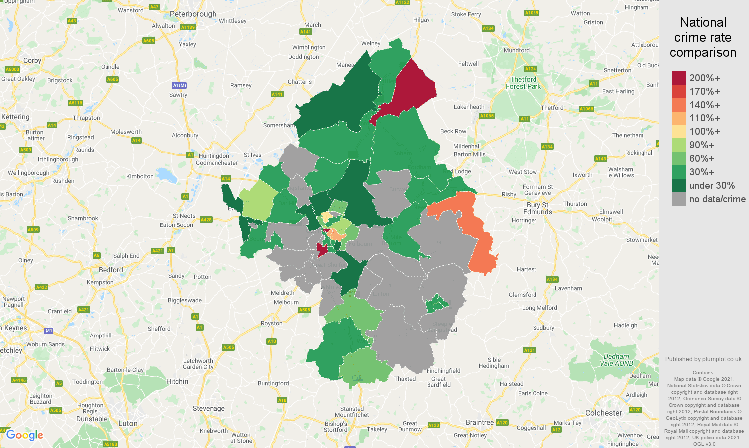 Cambridge theft from the person crime rate comparison map