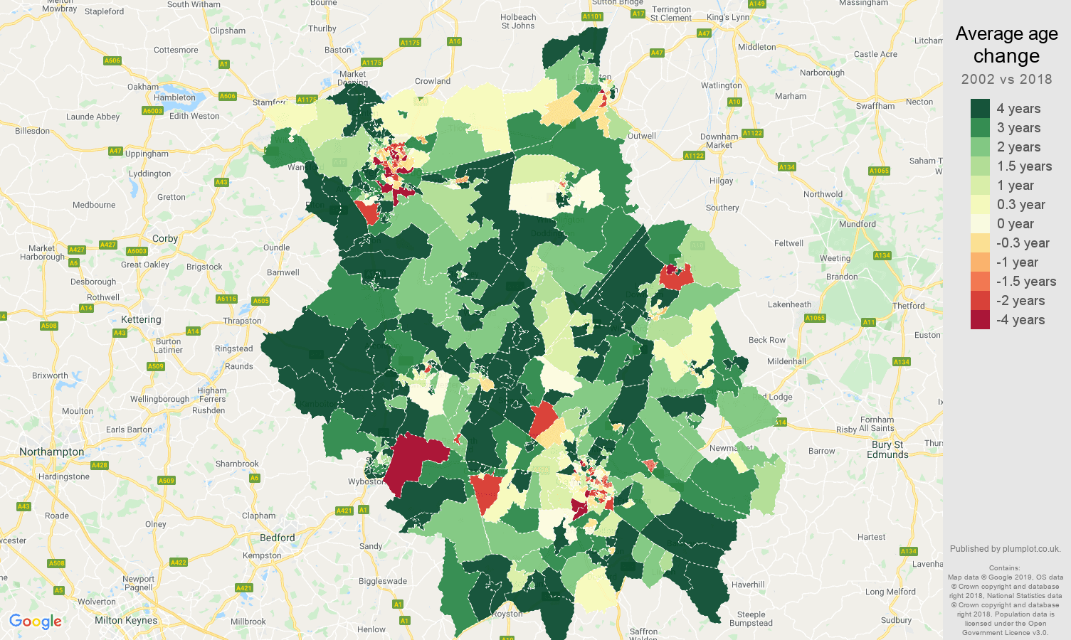Cambridgeshire average age change map