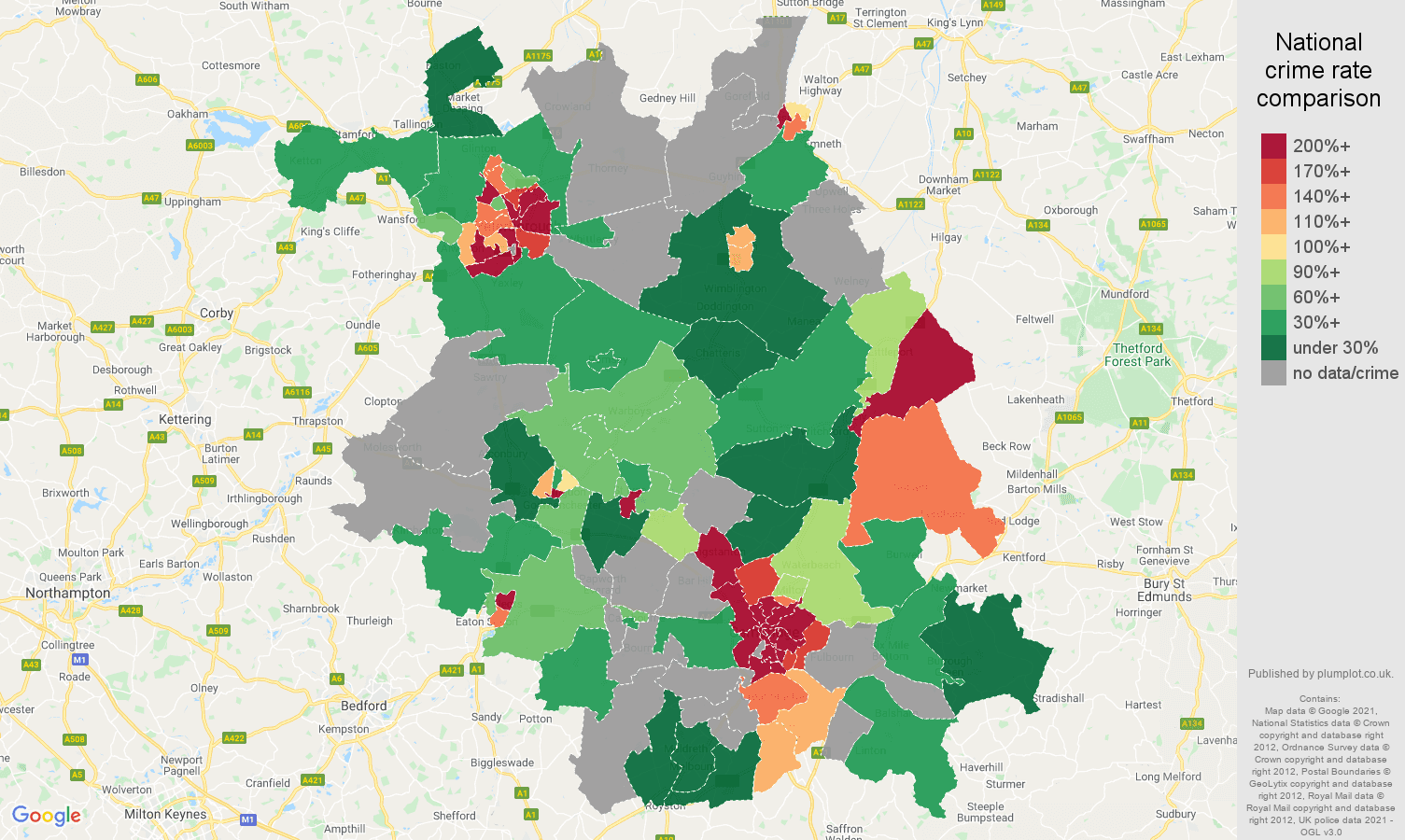 Cambridgeshire bicycle theft crime rate comparison map