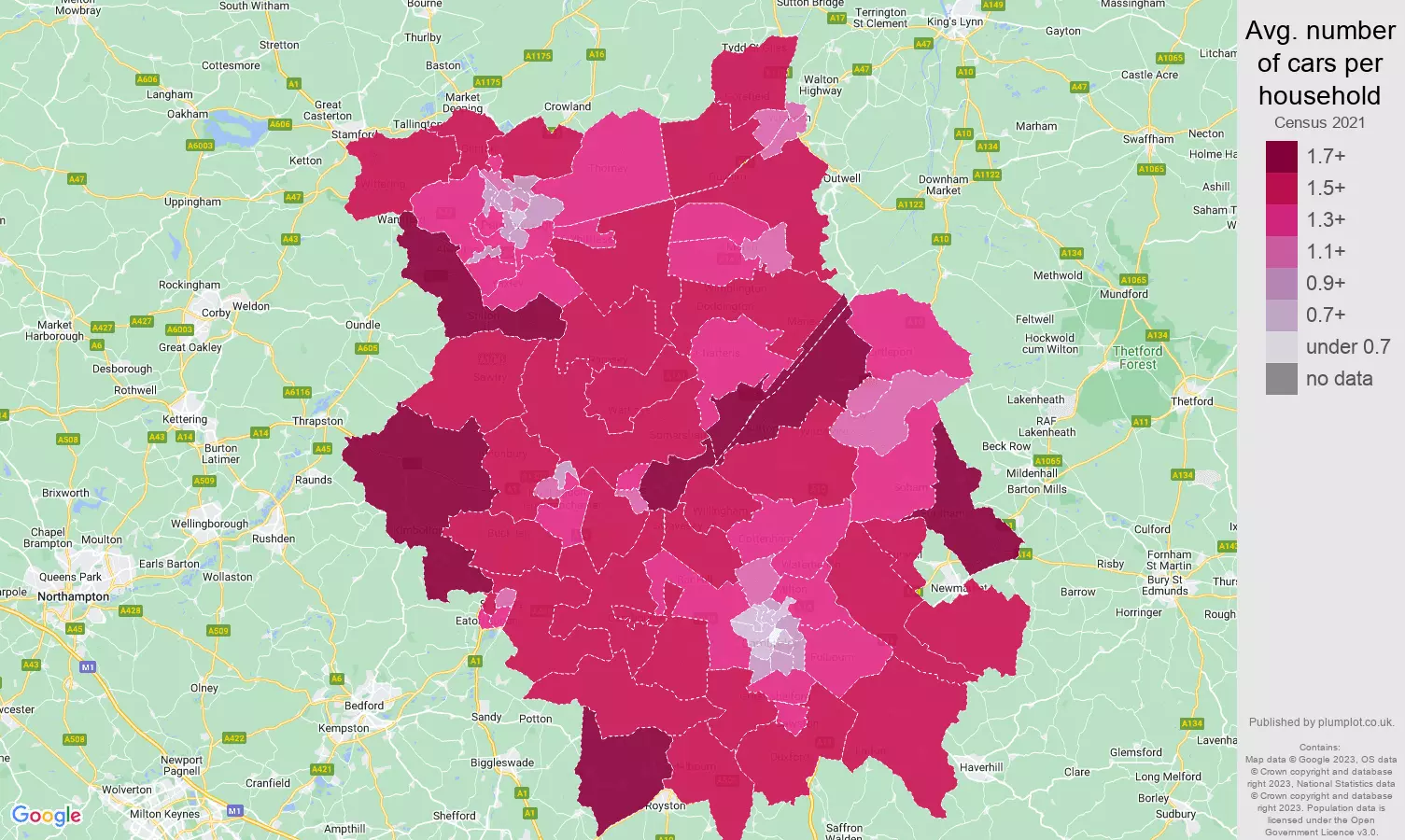 Cambridgeshire cars per household map