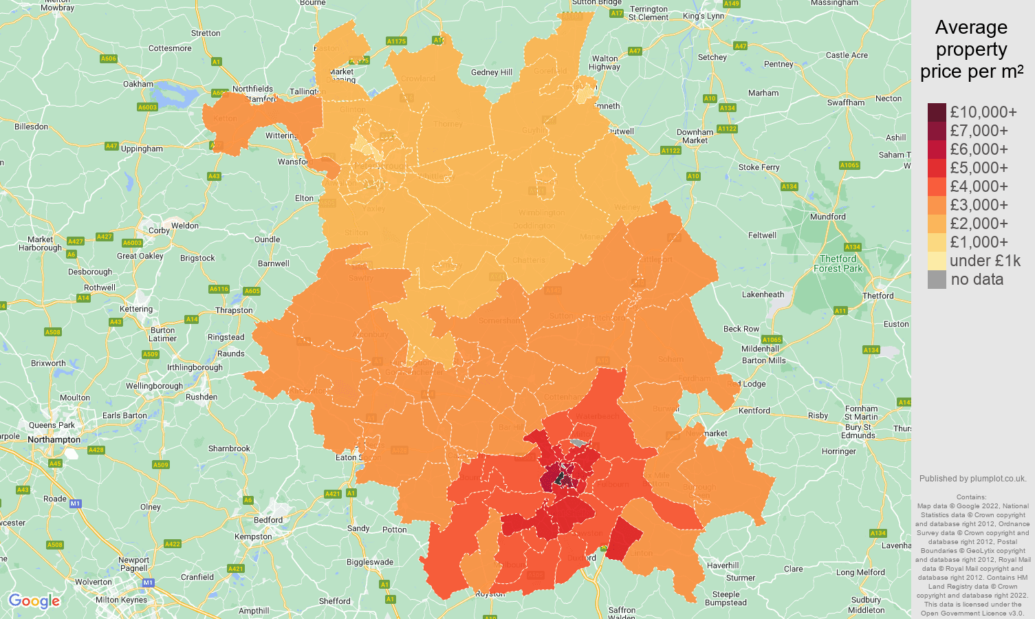 Cambridgeshire house prices per square metre map