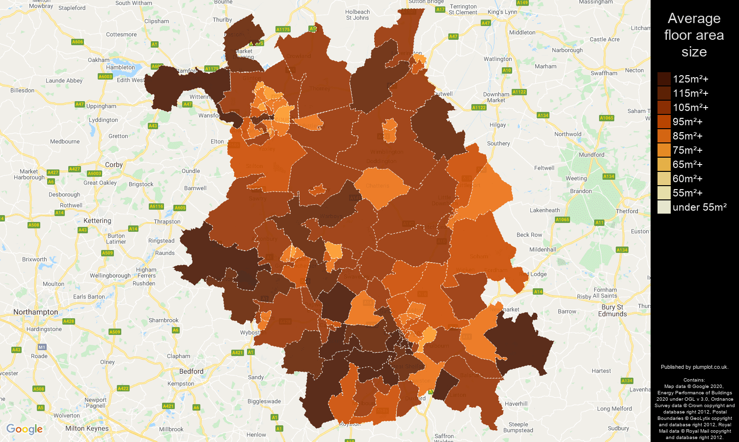 Cambridgeshire map of average floor area size of houses
