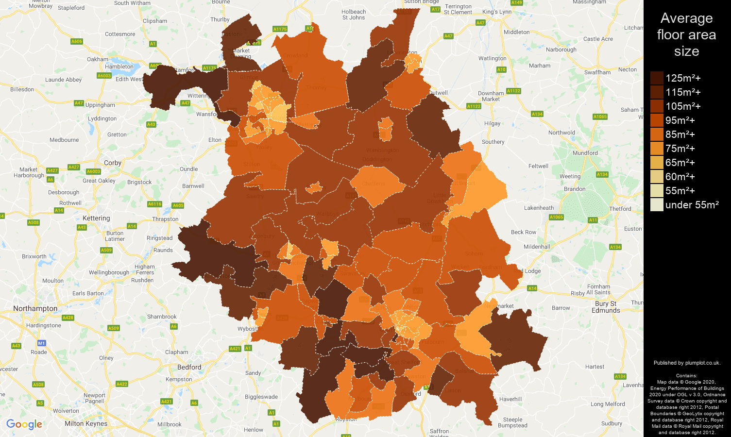 Cambridgeshire map of average floor area size of properties