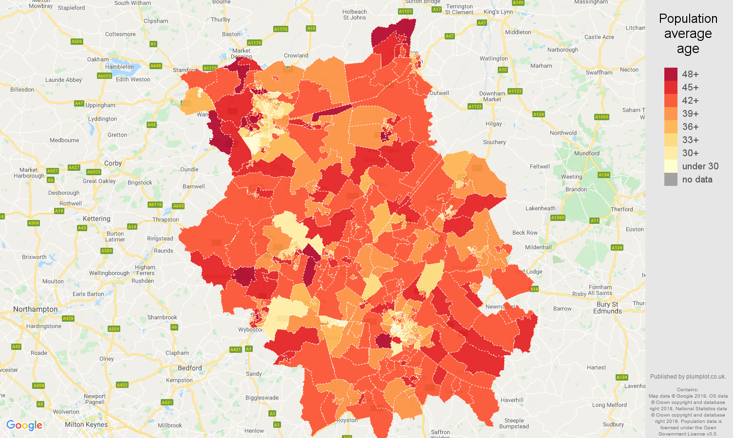 Cambridgeshire population average age map