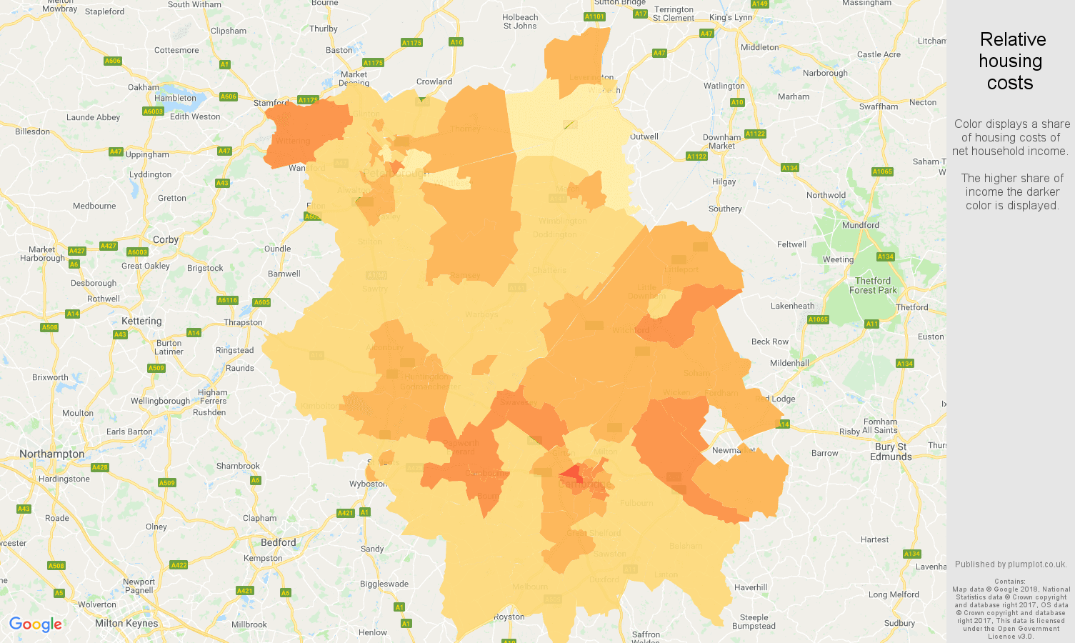 Cambridgeshire relative housing costs map