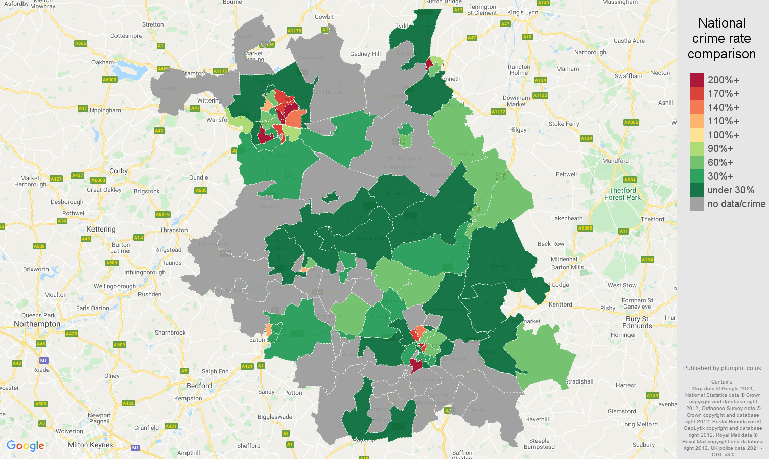 Cambridgeshire robbery crime rate comparison map