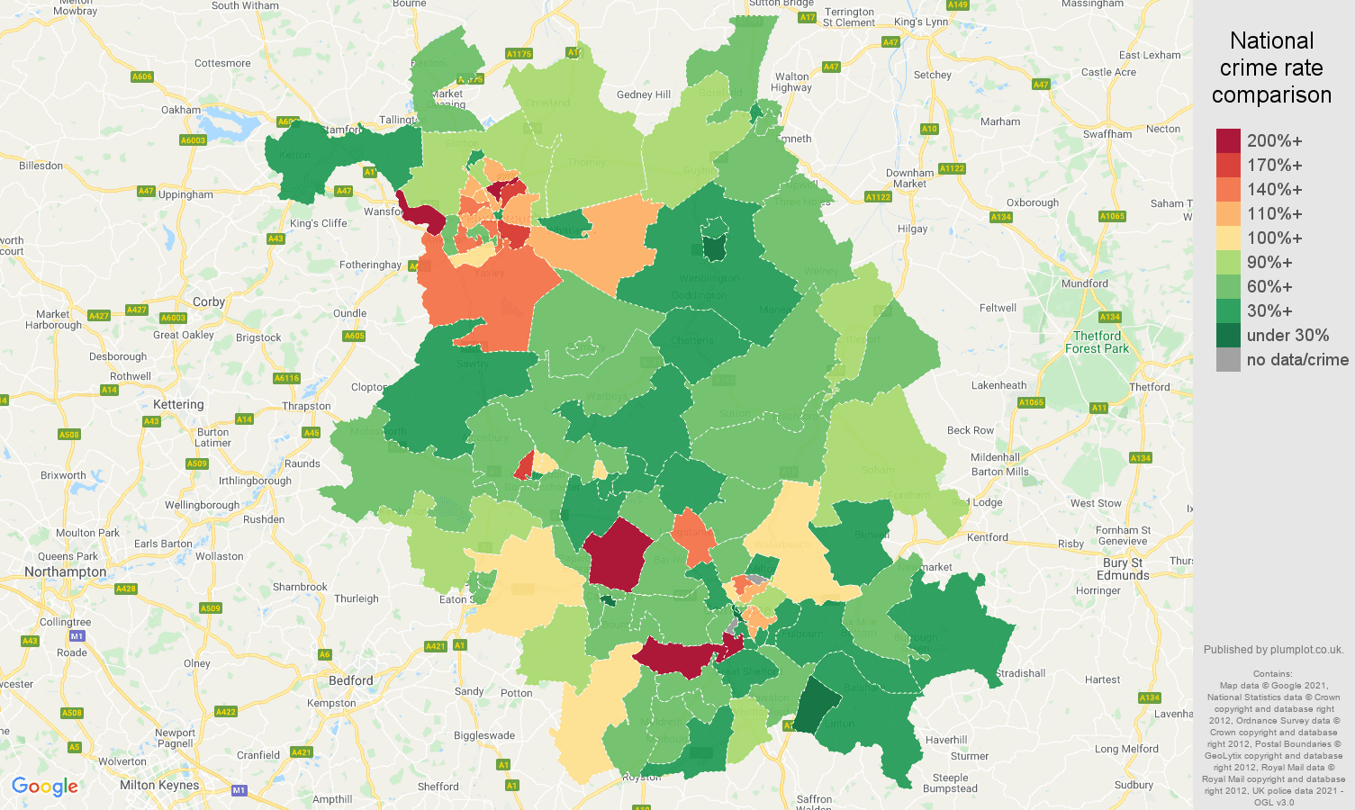 Cambridgeshire vehicle crime rate comparison map